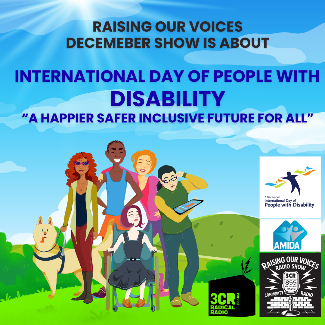 Illustration of the sun shining high in the sky, the sky is clear and blue the grass is green and lush where a companion dog and 5 diverse people with both visible and invisible disabilities have come together to share their experiences and celebrate each other.