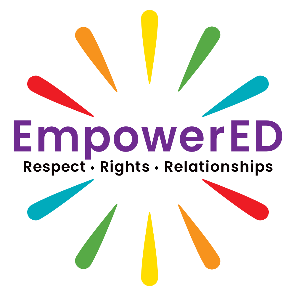 EmpowerED in purple letters alongside the words Respect. Rights. Relationships surrounded by Red Orange Yellow Green and Blue rays in an exploding circle around the words