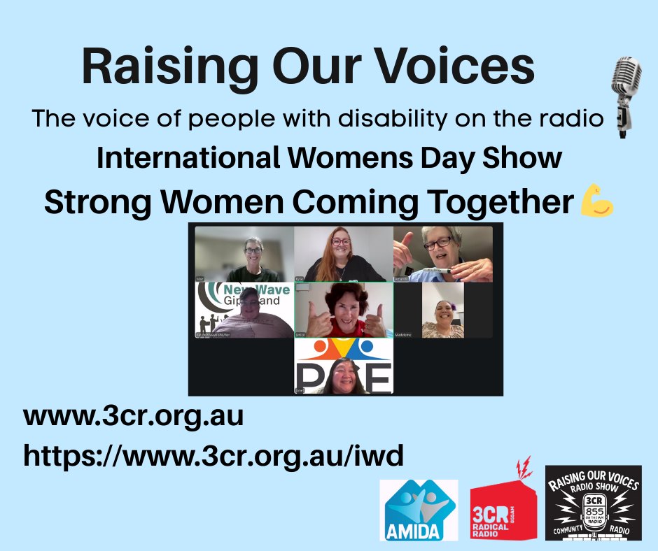 Image of the group recording the show wishing everyone a Happy International Women's Day.