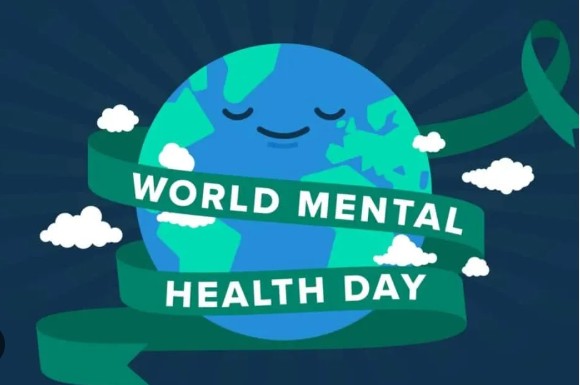 Blue earth globe smiling in the sky with a sash saying World Mental Health Day