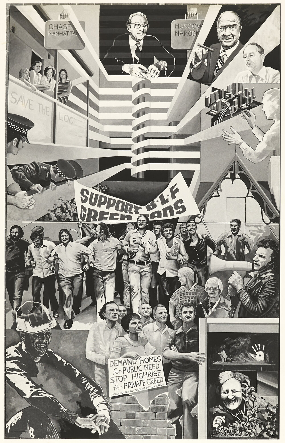 Support BLF Green Bans - The Builders Labourers Federation (BLF) Woolloomooloo mural. It features a composite of portrait of actors in the BLF Green Bans campaign to save Woolloomooloo from high-rise redevelopment including Sid Londish (developer), Robert Askin (NSW Premier), Andrew Briger (Alderman CSC), Jack Mundey (NSW BLF) and street demonstration including Joe Owens and Bob Pringle.  This is one of the nine Woolloomooloo History Murals that were attached to the pylons of the Eastern Suburbs Railway.  T