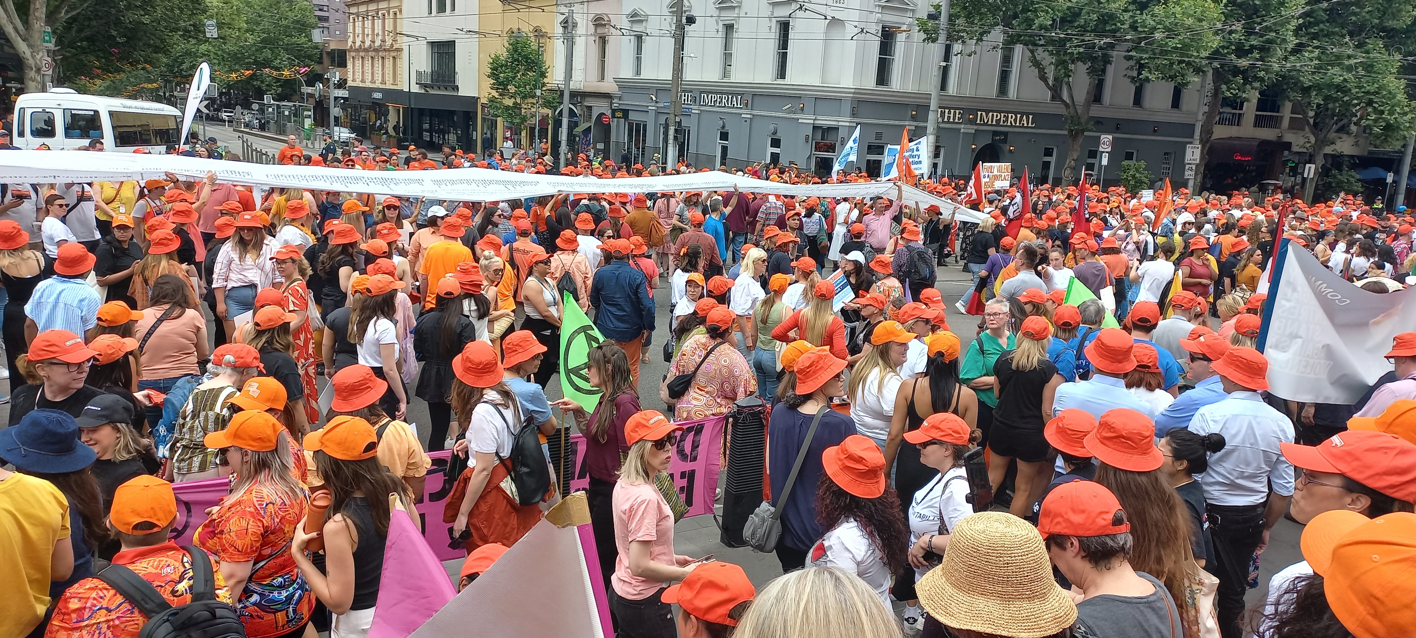A sea of orange hats for the Respect Rally Melb, 24-11-2023