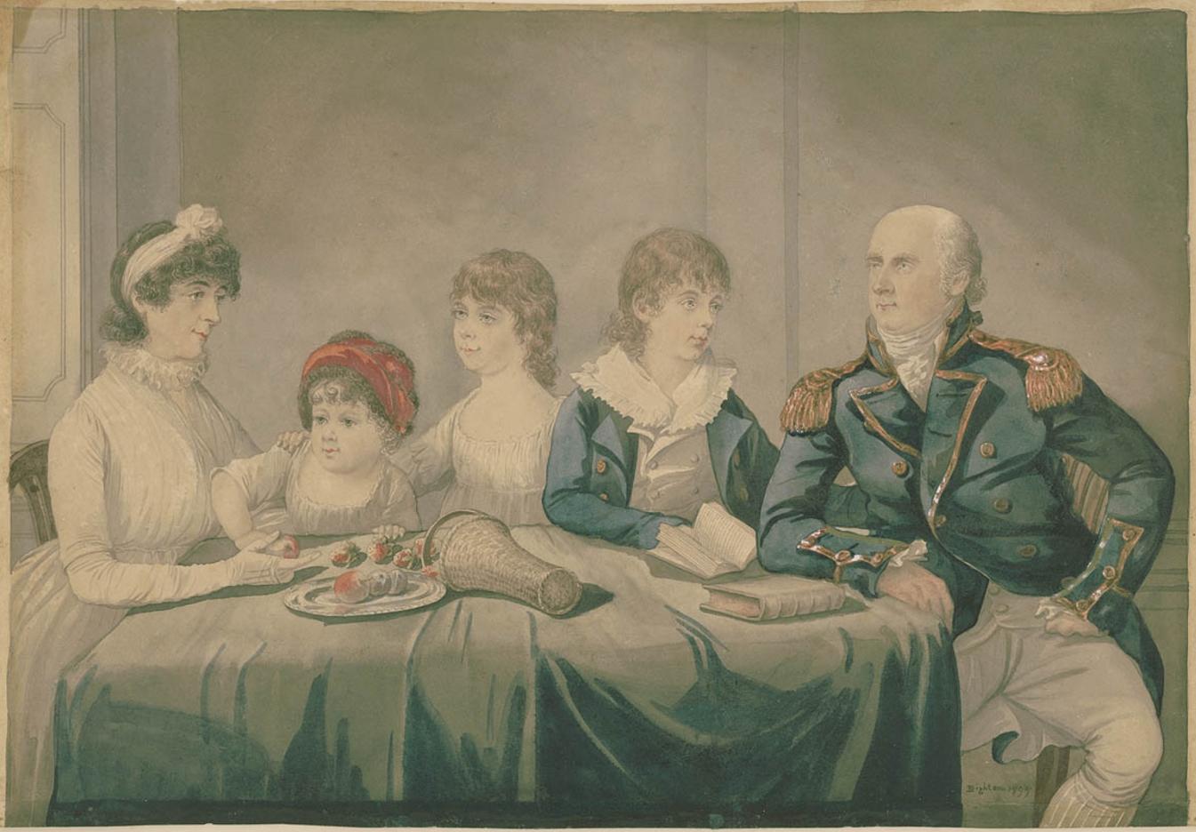 Robert Dighton (1752-1814), Philip Gidley and Anna Josepha King, and their children Elizabeth, Anna Maria and Phillip Parker, 1799, watercolour. Mitchell Library, State Library of New South Wales