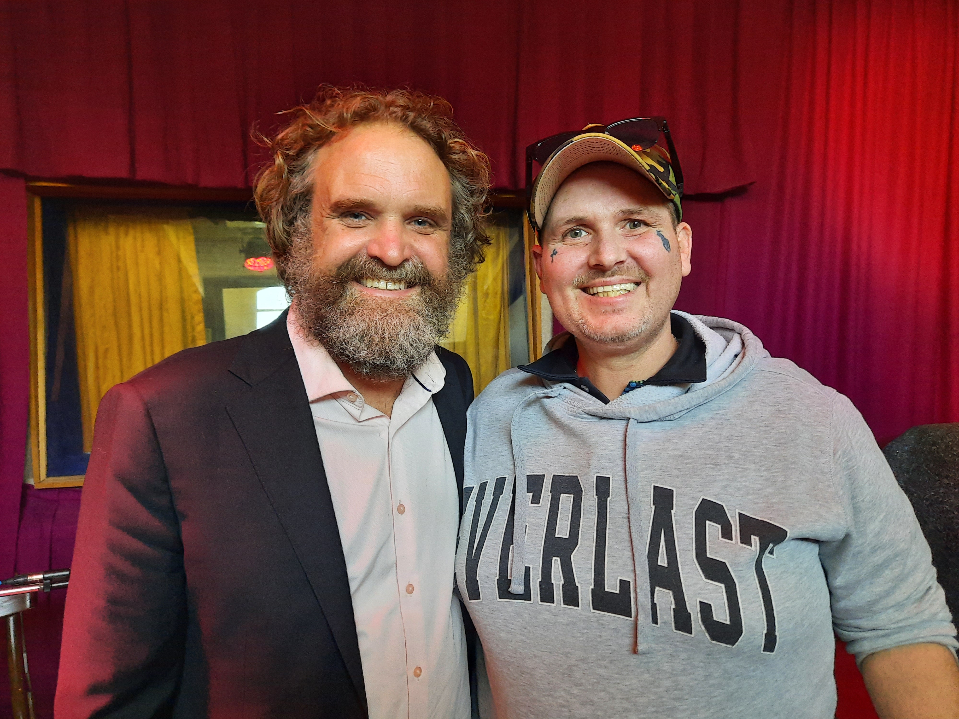  Disability-justice self-advocate, Jai Haines (r), with Fitzroy Legal Service Managing Lawyer in Drug Outreach, Adam Willson (l), at Bakehouse Studios recording the All Been Inside series.