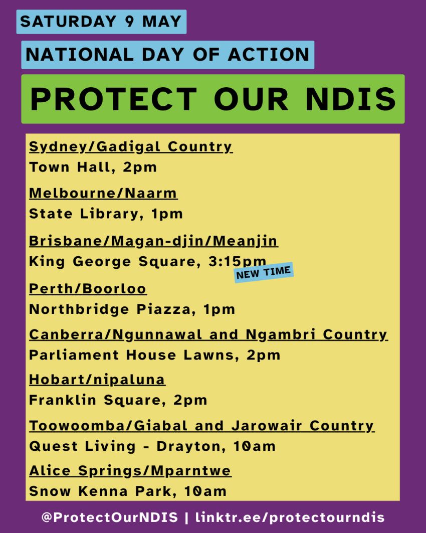 Protect Our NDIS national day of action flier/poster with details of rallies across the continent