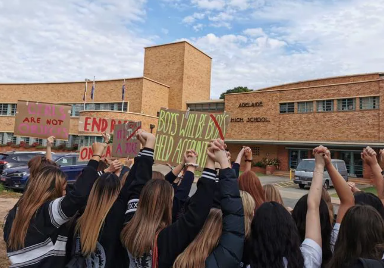 School girls from Adelaide High walked out in support of better consent education for students. 