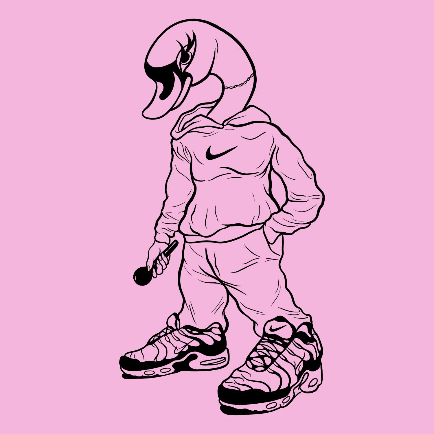 A figure with a swan's head, wearing a tracksuit and holding a microphone. Black line work drawing on a pink background.