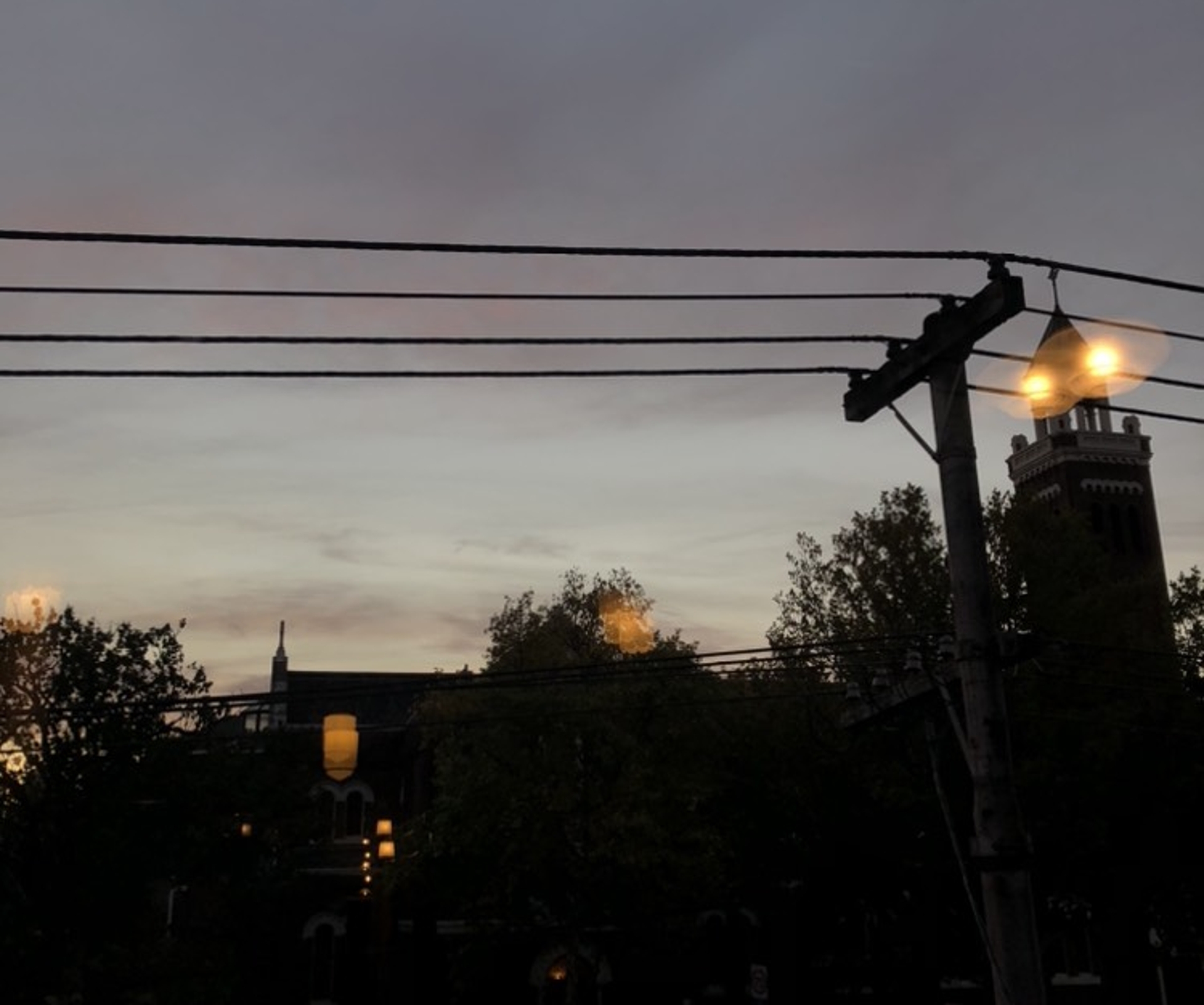 A silhouetted urban street at dusk. The tops of buildings, trees and powerlines can be seen against a grey evening sky.