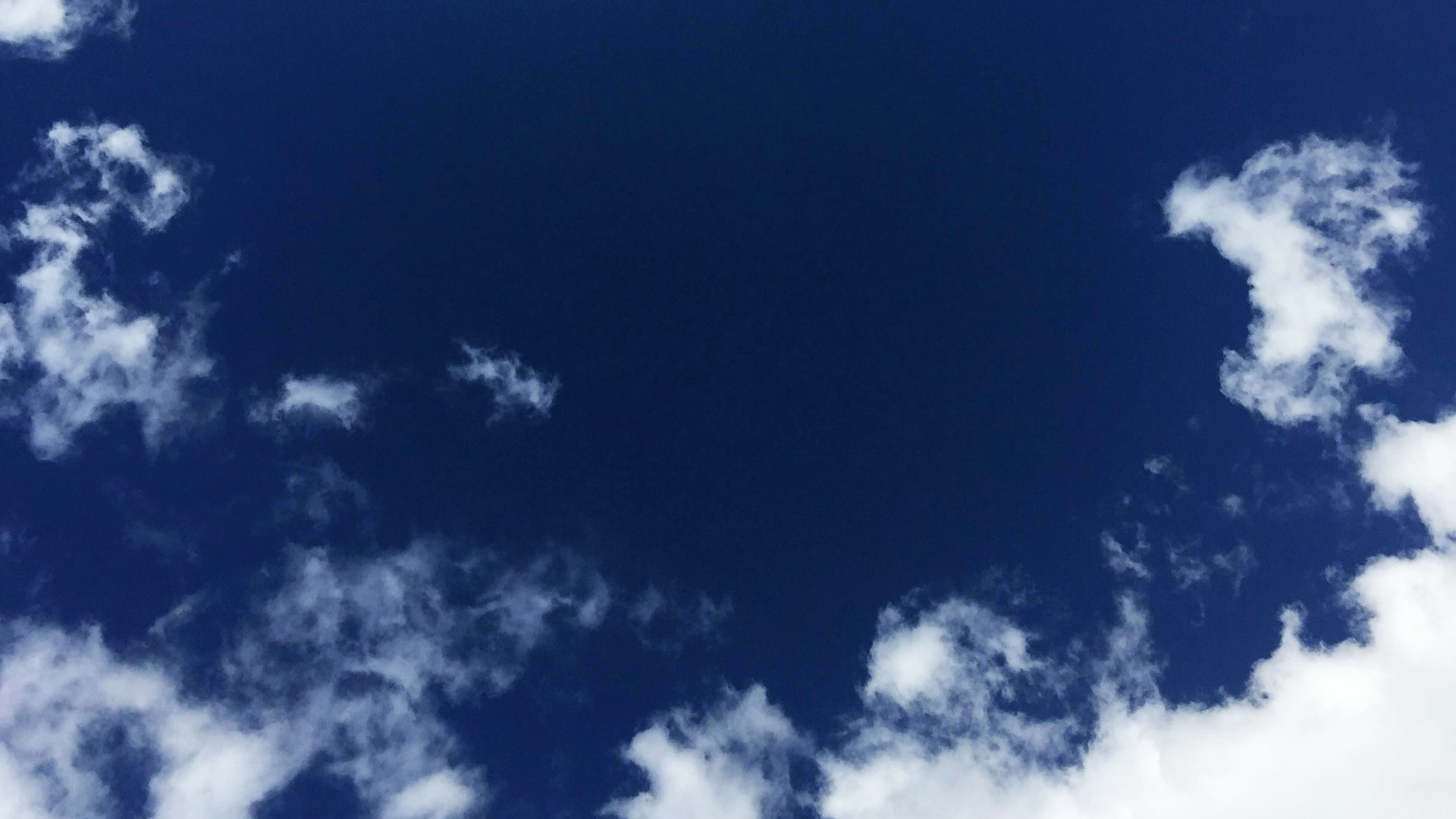 Looking up into an empty blue sky, fringed with white clouds