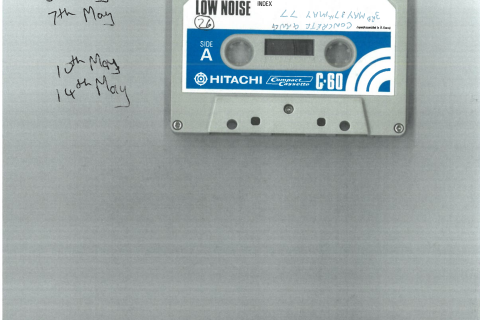 Scanned image of the outside of a cassette hand-labelled with Concrete Gang dates for May 1977.
