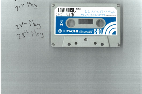 Scanned image of the outside of a cassette hand-labelled with Concrete Gang dates for May 1977.