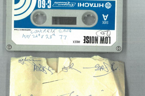 Scanned image of the outside of a cassette hand-labelled with Concrete Gang dates for May 1977.