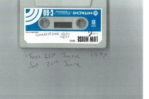 Scanned image of the outside of a cassette hand-labelled with Concrete Gang dates for June 1977.