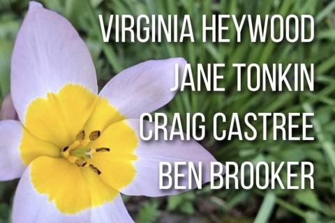 Image of a flower with the words Sunday 27 September & Virginia Heywood, Jane Tonkin, Craig Castree & Ben Brooke and 3CR Gardening Show in cursive white writing. 
