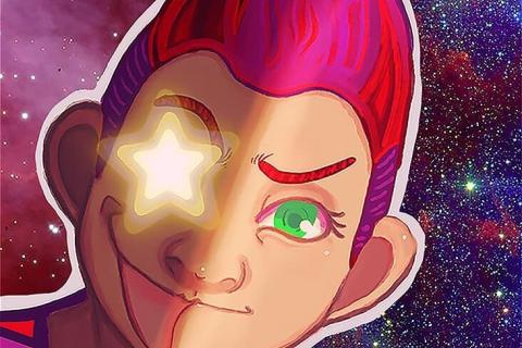 anime of person with purple hair and one eye as a gold star