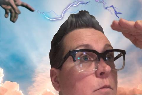 Person with large-framed glasses looking over horizon sky and lightening in background