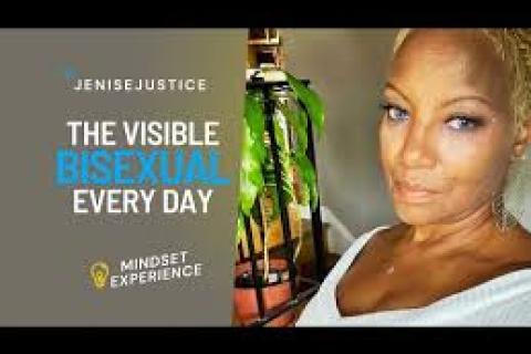 Image woman of colour blonde hair white singlet words Jenise Justice the visible bisexual every day.