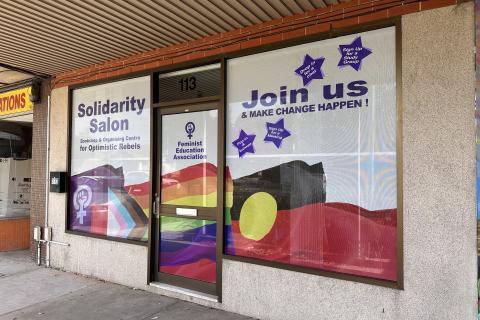 Front windows of new Solidarity Salon