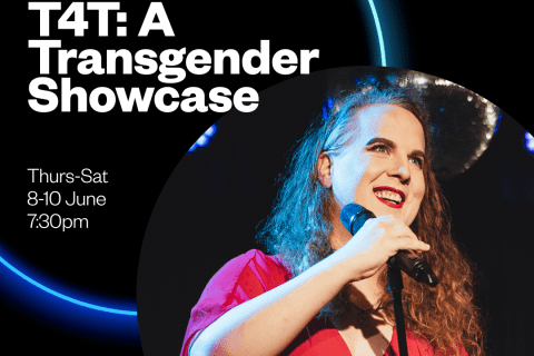 words T4T a transgender showcase picture of Anna Ppiper-Scott in red dress holding a microphone