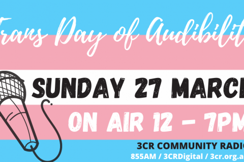 Trans Day of Audibility Sunday 27 March on air 12 - PM 3CR Community Radio/855 AM/digital/3cr.org.au over horizontal blue pink and white stripes