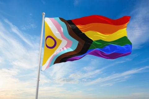 rainbow flag with trans intersex on background of blue sky white clouds