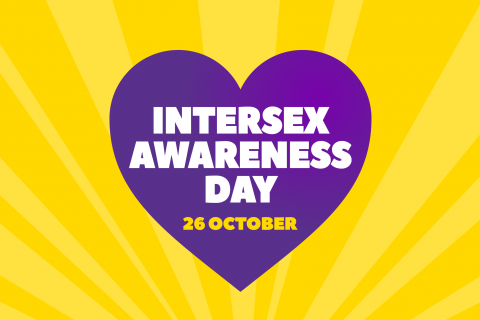 intersex awareness day in white in purple heart in turn surrounded by yellow background