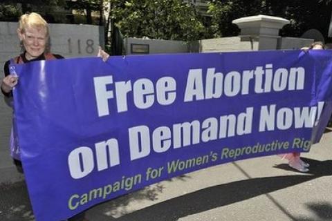 Debbie Brenan with banner Free abortion on demand white writing on purple background