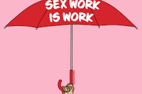 Red umbrella with sex work is work in white writing