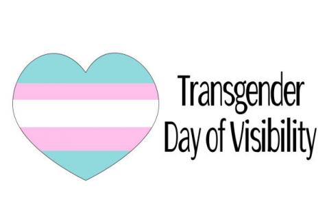 heart shape with 3 colours of trans flag and text Trans Day of Visibility