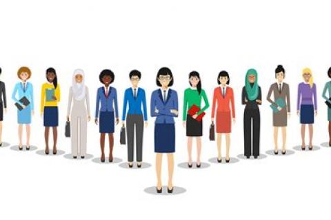 picture of woman/feminine appearing person in front of sdiverse range of similar people