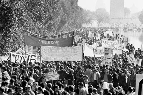black and white image of large anti-Vietnam protest