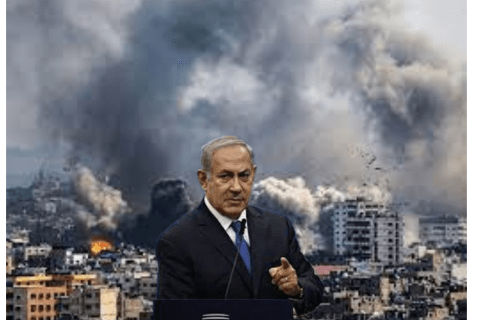 Israeli President, Netanyahu, stands among the bombed buildings of the Gaza Strip