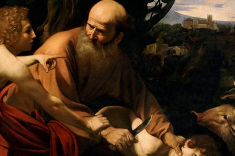Abraham about to kill his son on the order of God and an angel from heaven holds his wrist to prevent the murder (Old Testament biblical text)