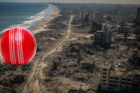 A red cricket ball hovers in the sky above Northern Gaza.