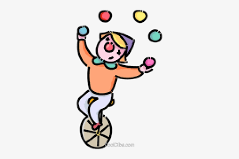 A clown juggles four balls whilst riding a unicycle