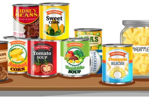 Illustration of assorted packaged food on a table