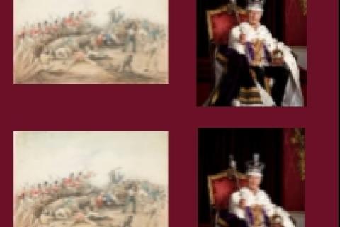 An illustration of the Eureka Rebellion sits alongside an image of King Charles III in his royal regalia. Both images are on a burgundy background
