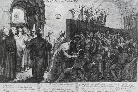 Plato's Allegory of the Cave, as depicted in an engraving by Jan Saenredam after Cornelis van Haarlem's painting (via Wikimedia Commons)