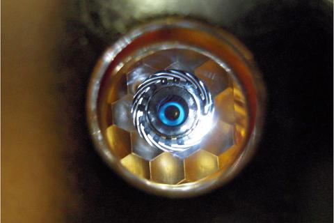 A target fuel pellet at the National Ignition Facility in the US, as it would appear to one of the high-powered lasers used to initiate nuclear fusion