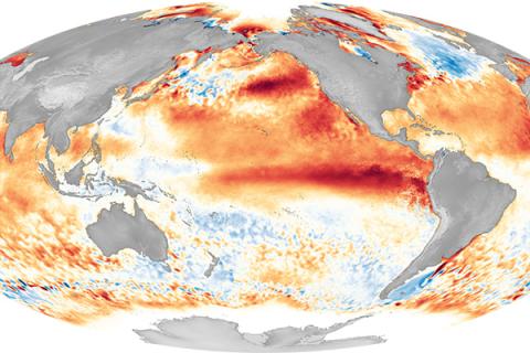 Map of Pacific Ocean sea surface temperatures from the 2016 El Niño event, showing the characteristic red tongue of warm water towards South America (Image by NOAA)