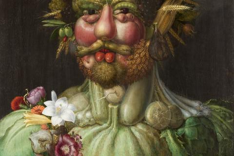 Painting of man made of fruit and vegetables