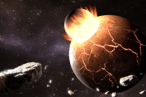 Artist rendering of the collision between Theia and Earth, which is believed to have formed our Moon (image by ResenZhu via DeviantArt)