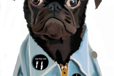 A digitally painted bust of a black pug wearing a blue collared shirt fastened by a gold zipper. The shirt is decorated with two black badges, one of which features a drawing of a knife and fork and the text "eat the rich," while the other has a peace sign.