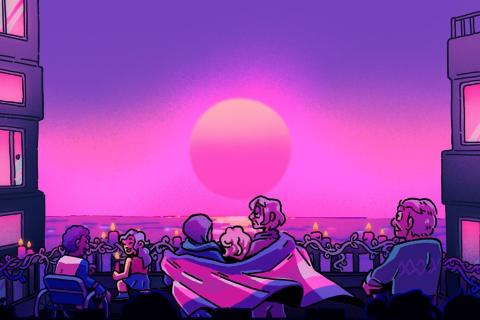 illustration of a group of transgender people wearing the trans flag. They're gathered outdodors overlooking sunrise. The illustration is pink, blue and purple.