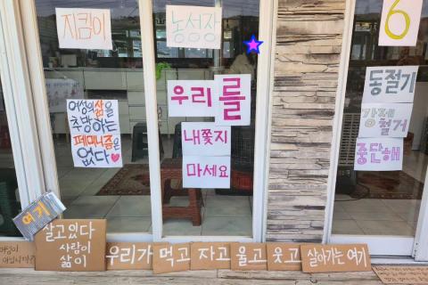 Image of the front of a building with several windows. On the windows are protest signs in Korean. 