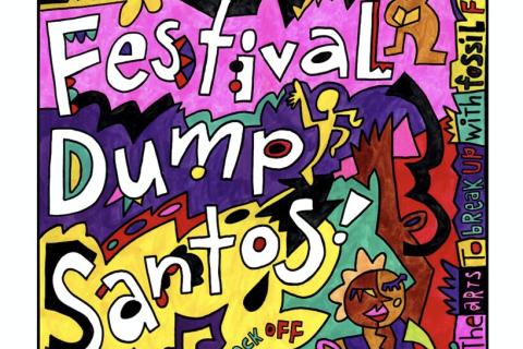 image of a colourful artwork in black, pink, purple,yellow and read. Text reads 'Darwin Festival dumps Santos... it's time for the arts to break up with fossil fuel money!' A group of drawn people celebrating in the illustration.
