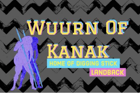 Wuurn of Kanak Home of digging stick Land Back text over black grey graphic with a person holding a digging stick