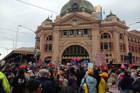 Freedom protesters gather at Flinders St station on Saturday, May 14, 2022. Picture supplied.