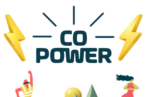 CoPower logo surrounded by lighting bolts and two powerful figures against a landscape