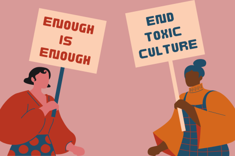 A graphic made up of digital drawings of two femmes, one with dark brown skin and one with pink skin, holding up protest signs. One sign reads "enough is enough" and the other reads "end toxic culture".